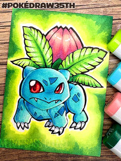 A photo of an ACEO marker drawing of a Bulbasaur. The background is a green vignette. The photo is taken on top of scrapbooking paper with a wood texture. A few markers visible at the side of the photo. Drawn for the PokéDraw35th project. ©Megzie Sass-Coun